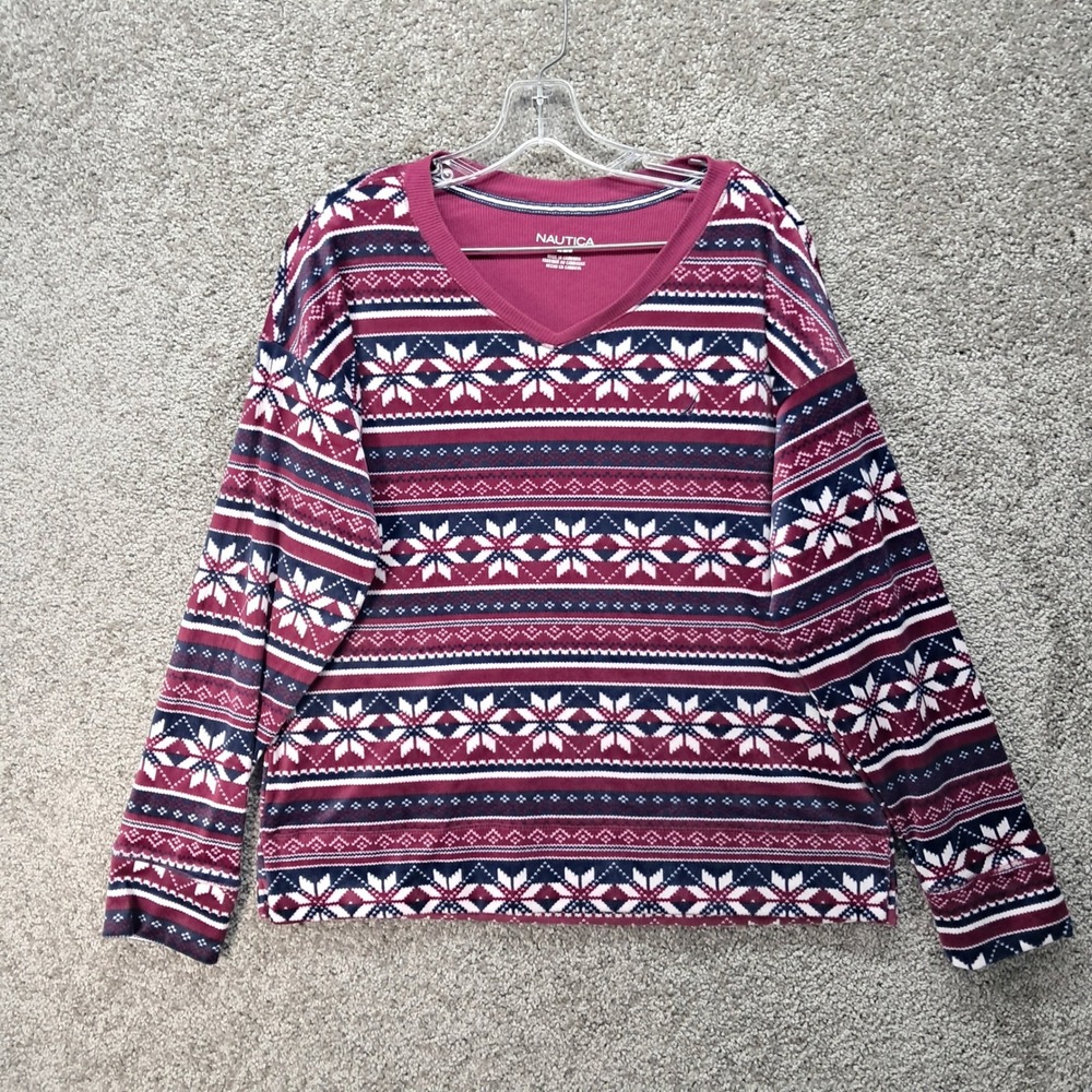 Nautica Womens V-Neck Fair Isle Snowflake Fleece Top Burgundy Navy Size Medium